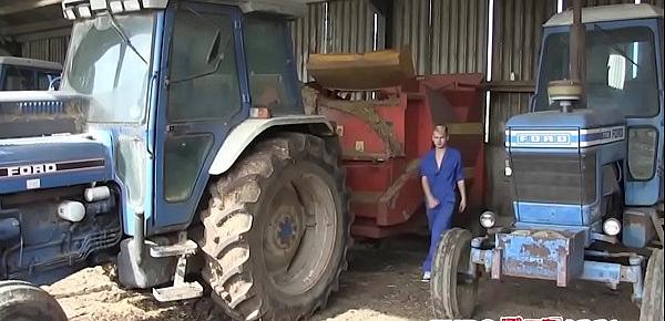 Skinny young gay shoots jizz over farm equipment after anal